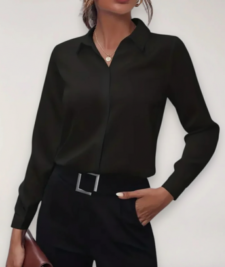 Elegant women's office blouse, a professional button-down long-sleeve top perfect for business attire & career wear.
