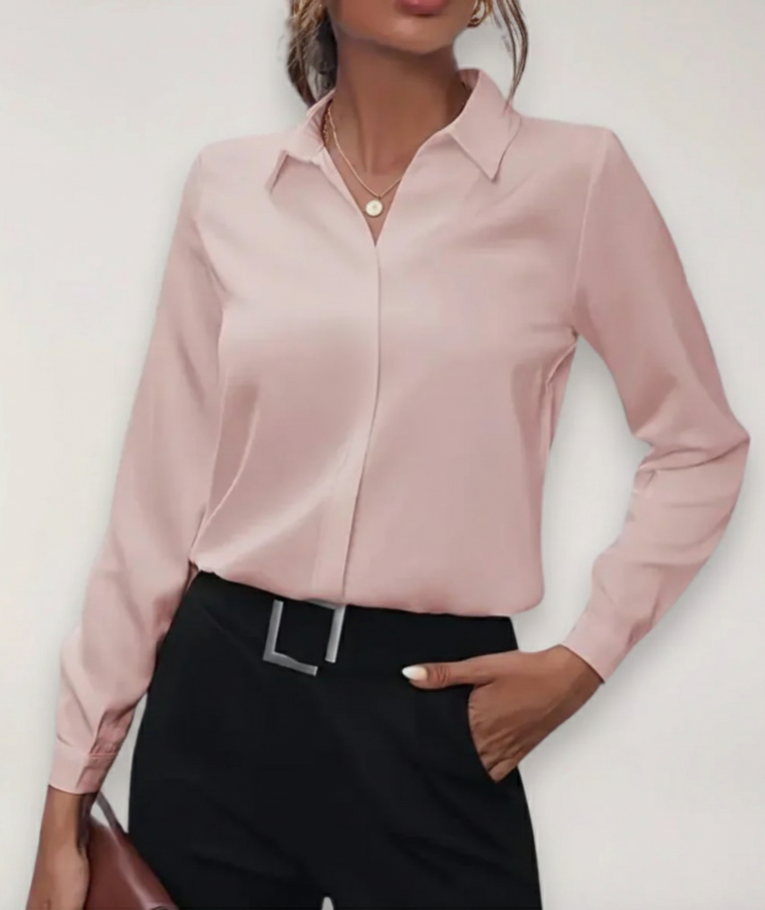 Professional women's button-down long-sleeve blouse for elegant office wear, business attire, & formal occasions.