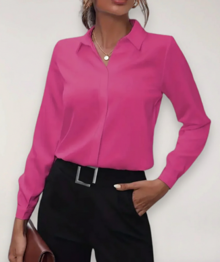 Stylish women's work top, an elegant long-sleeve button-down shirt, perfect for professional business & career wear.