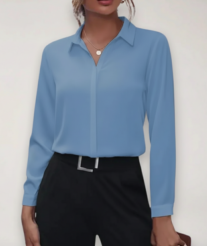 Formal women's professional blouse, a sophisticated button-down top with long sleeves, ideal for office & business attire.