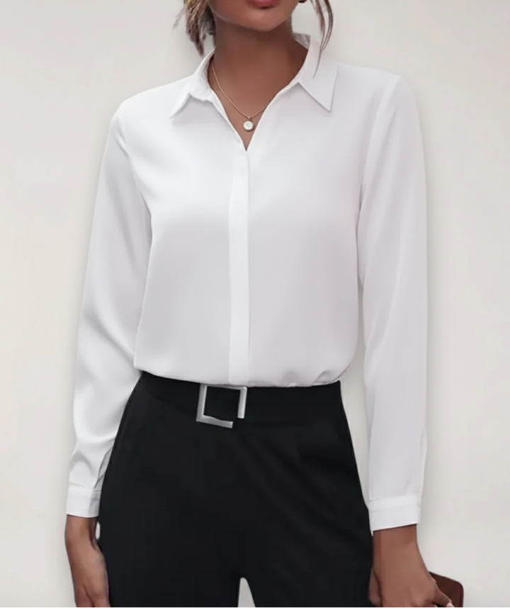 Classy women's long-sleeve button-down blouse, a professional office top suitable for elegant business & career wear.