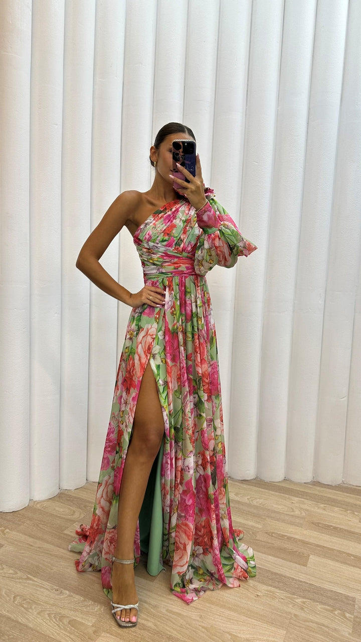 Stunning women's floral one-shoulder maxi dress with a split, great for parties & formal events.