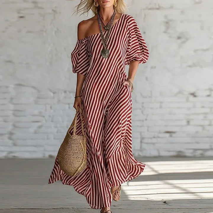 Chic one-shoulder puff sleeve midi dress for women. Elegant and flowy, ideal for summer events or daily wear.