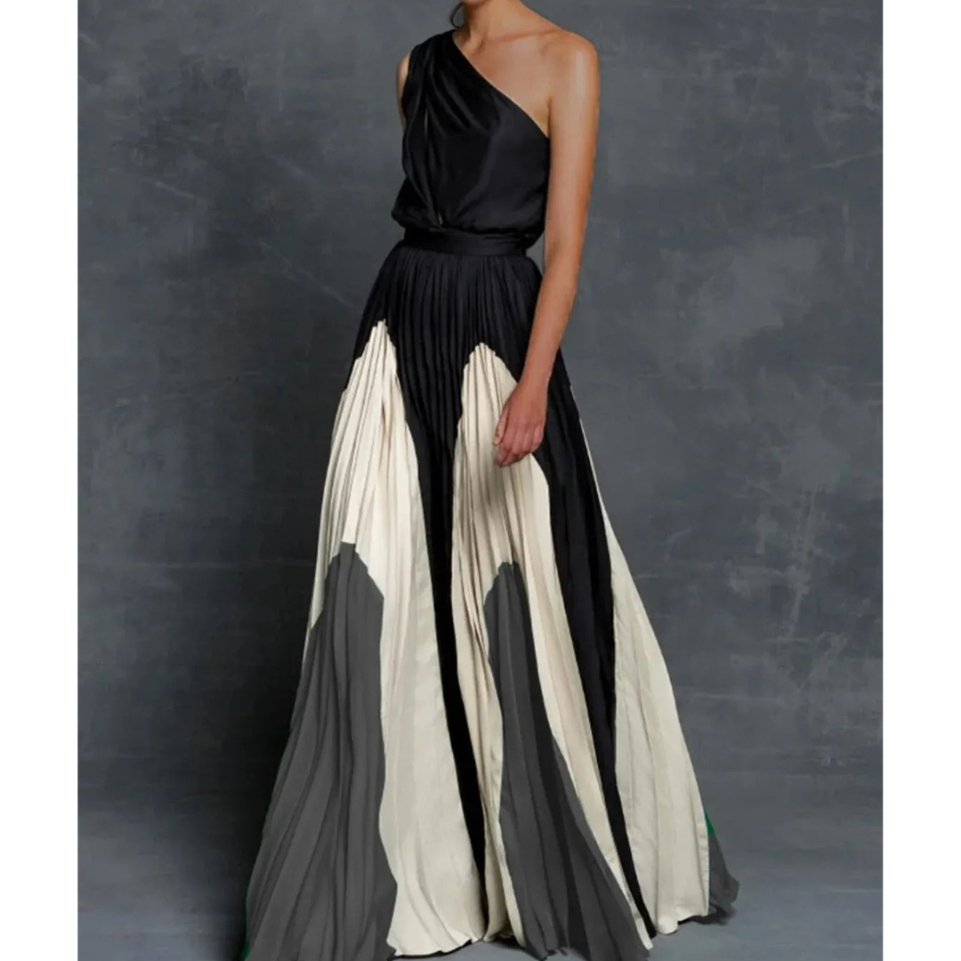 Formal women's one shoulder evening gown, a beautiful artistic pleated long dress for special occasions.