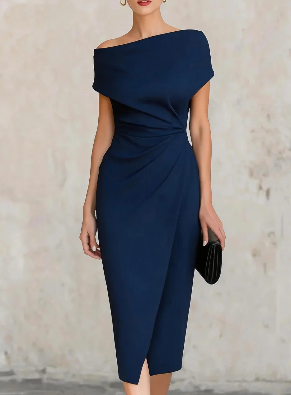 Formal women's pleated midi dress with one-shoulder design. Stylish for special occasions & events.
