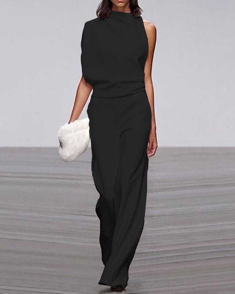 Modern women's evening jumpsuit with one-shoulder and wide-leg design for events.