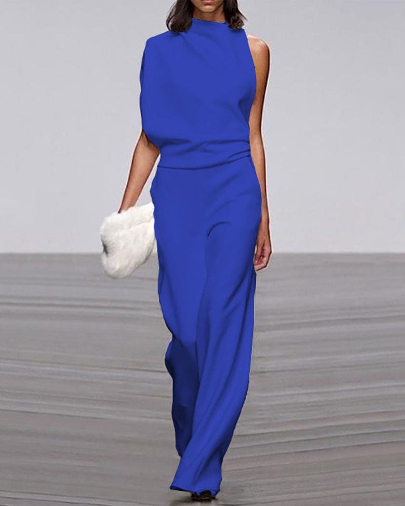 Chic women's one-shoulder wide-leg jumpsuit, an elegant statement piece for special occasions.