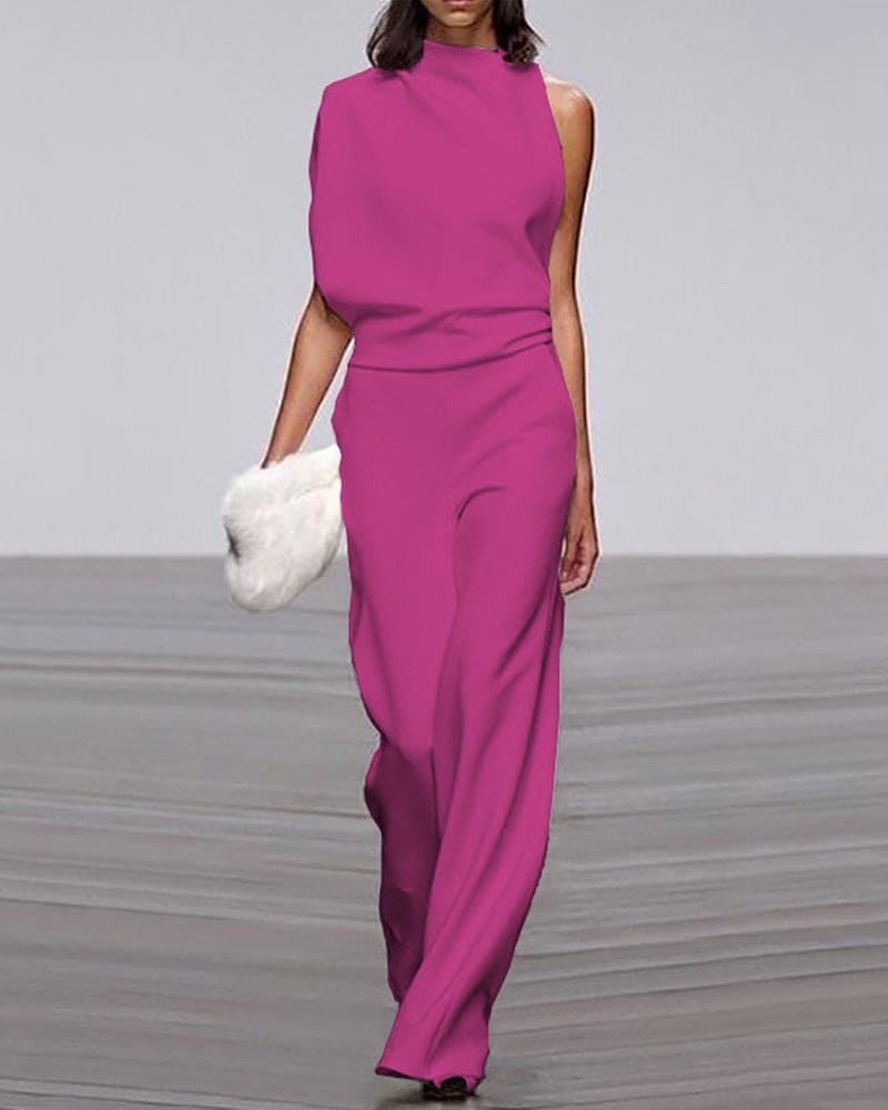 Women's special occasion jumpsuit, featuring a one-shoulder and wide-leg design for evening wear.