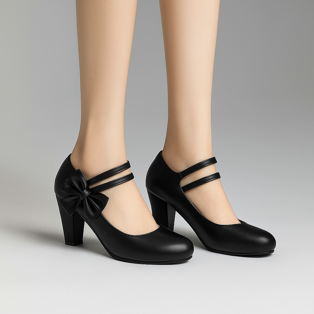 Purple block heel pumps adorned with a delicate bow, designed for women seeking comfort and style.
