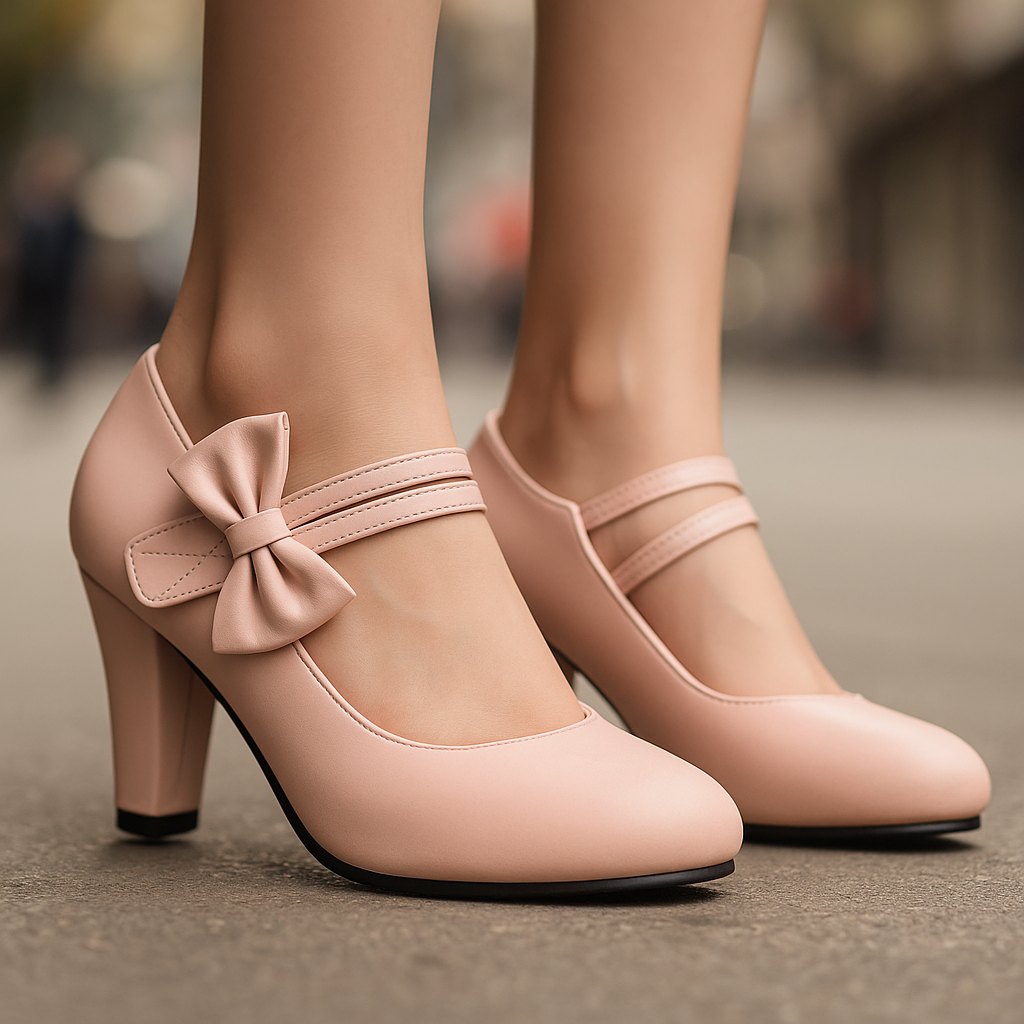 Close-up of the elegant bow accent on a women's block heel pump, highlighting detail.