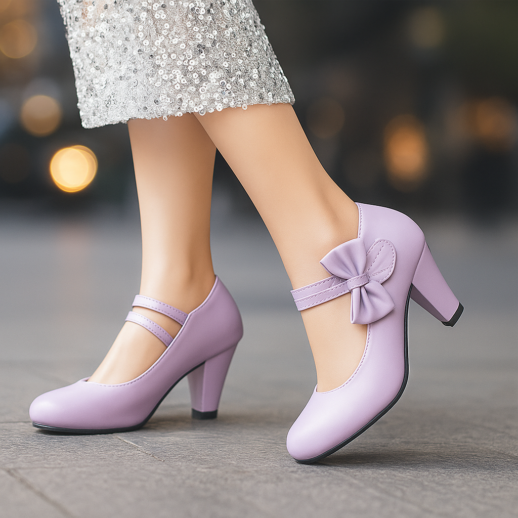 Side view of a pink block heel pump showing the comfortable heel and stylish bow detail.