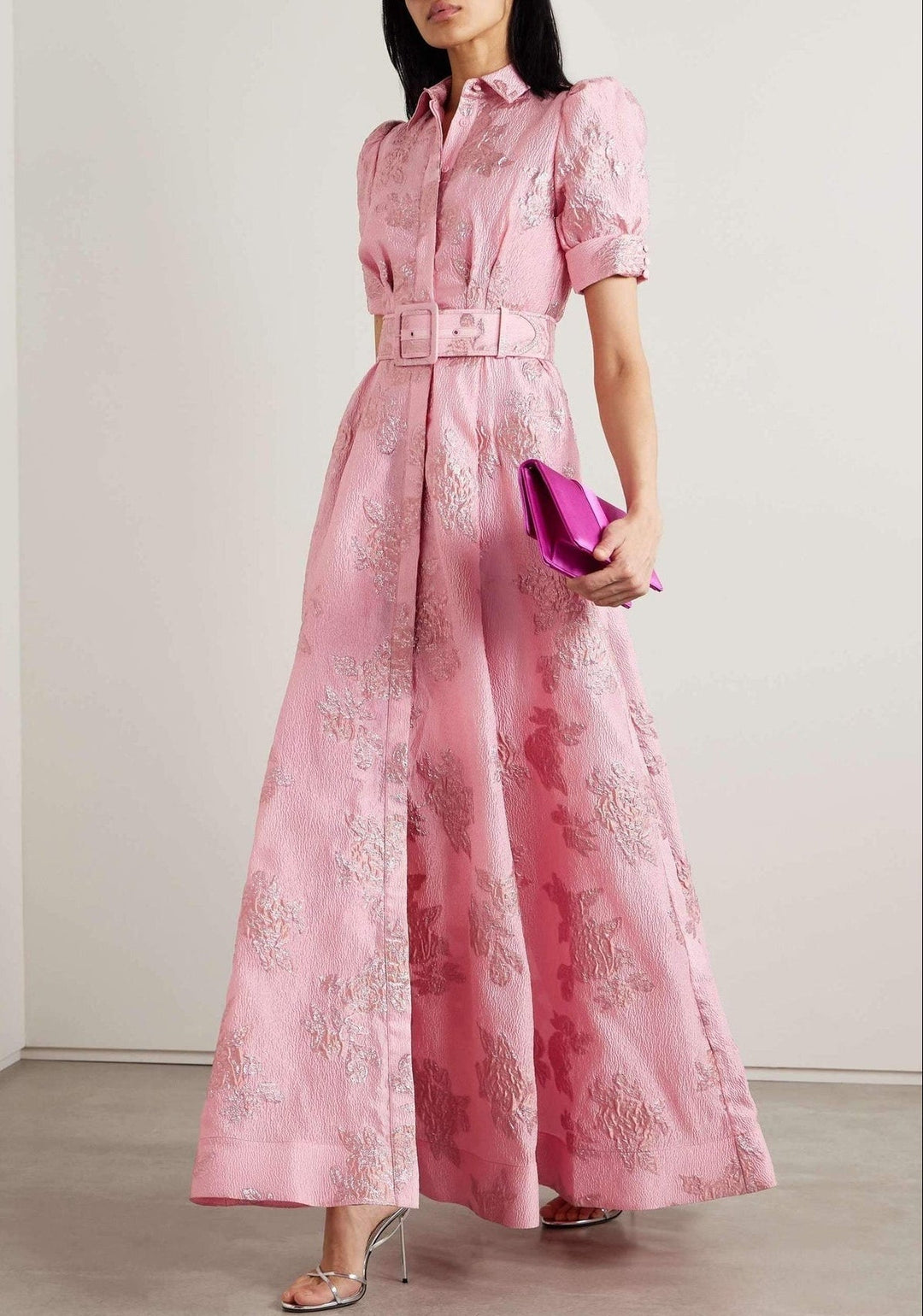 Elegant women's pink maxi dress with puff sleeves, perfect for formal wedding guest & special occasions.