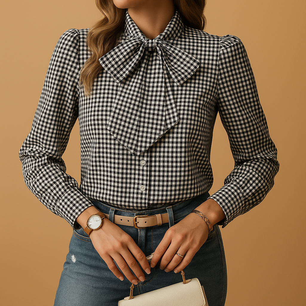 Fashionable women's plaid workwear blouse with a sophisticated bow detail. Comfortable long sleeve design.