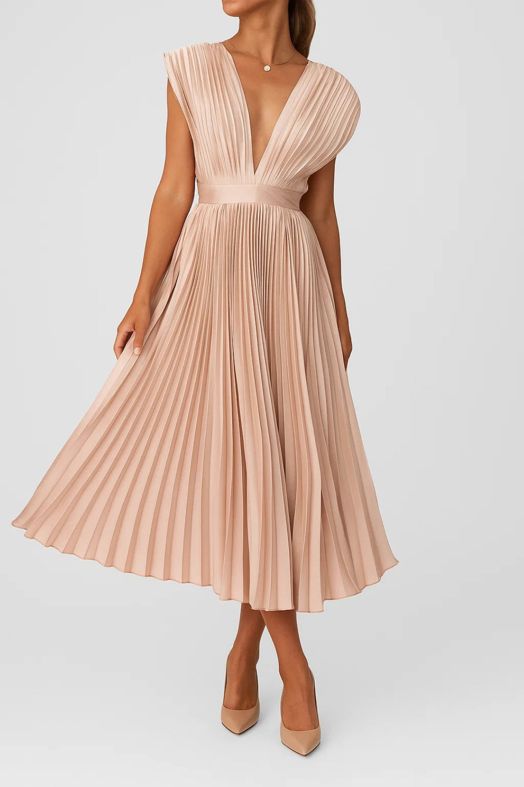 Elegant women's pleated deep V-neck midi dress for wedding guests. Perfect for formal and special occasions.