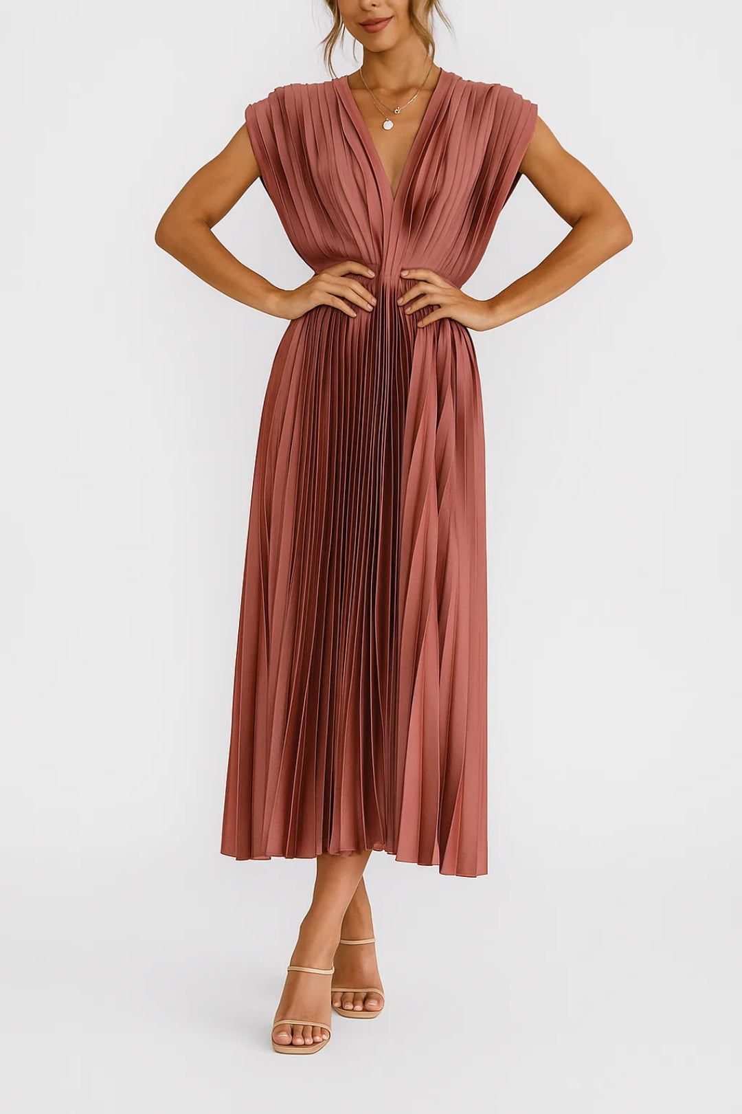 Formal elegant women's midi dress with deep V-neck and pleats. Perfect summer special occasion or party outfit.