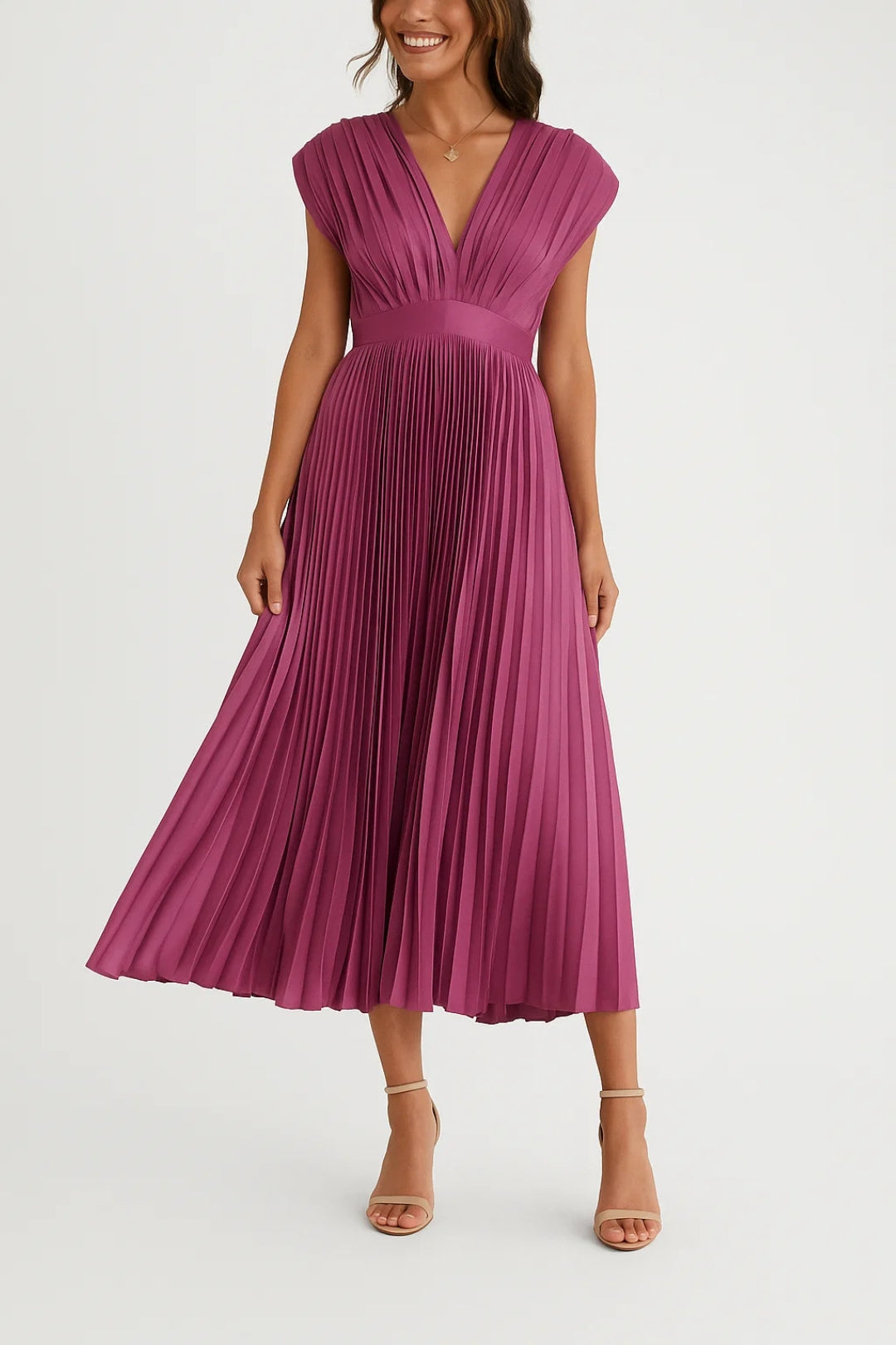 Versatile women's pleated V-neck midi dress. Great for wedding guests, cocktail parties, and special events.