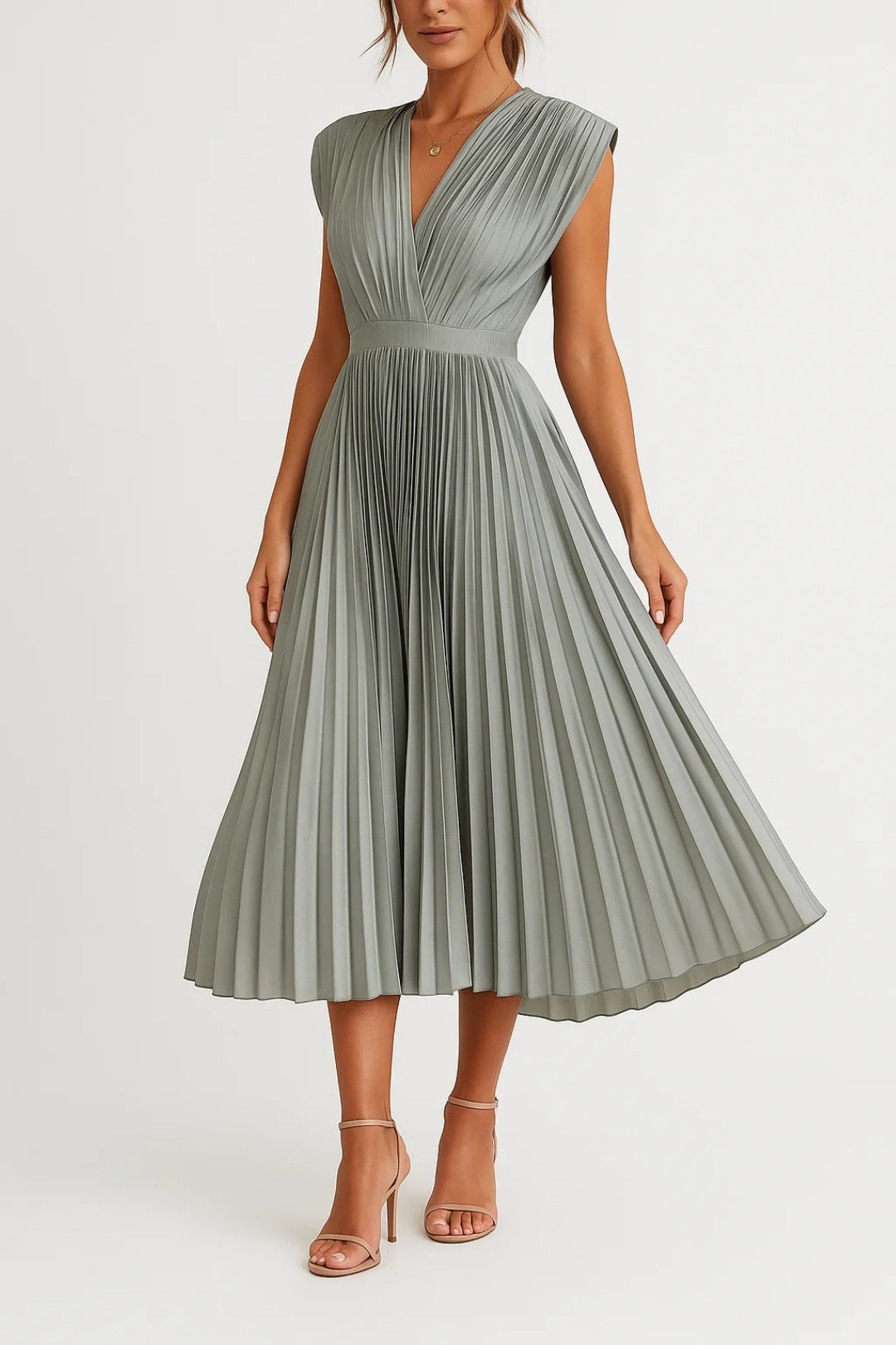 Modern sophisticated women's pleated deep V-neck midi dress. Perfect for summer weddings and elegant parties.