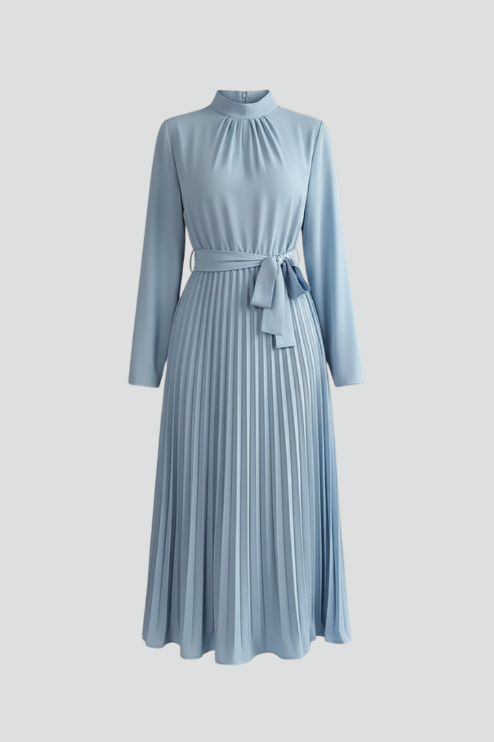 Elegant women's pleated long sleeve midi dress with stylish waist tie. Perfect for day or evening wear.