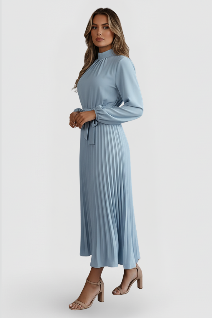Must-have women's pleated long sleeve midi dress with waist tie. An essential elegant piece for any wardrobe.