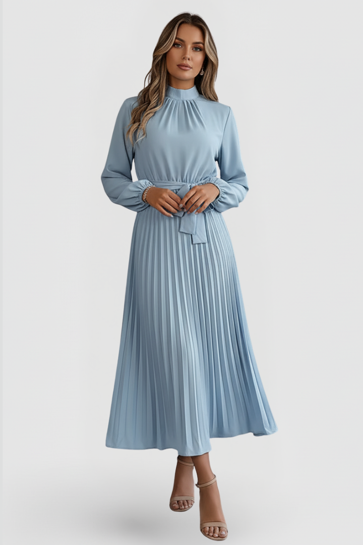 Stylish pleated women's midi dress. Long sleeves & waist tie. Ideal for casual or formal occasions.