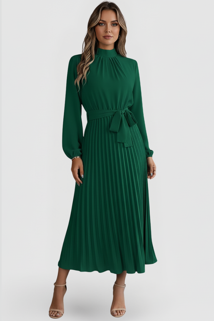 Versatile women's long sleeve pleated dress with waist tie, suitable for both formal events & casual outings.