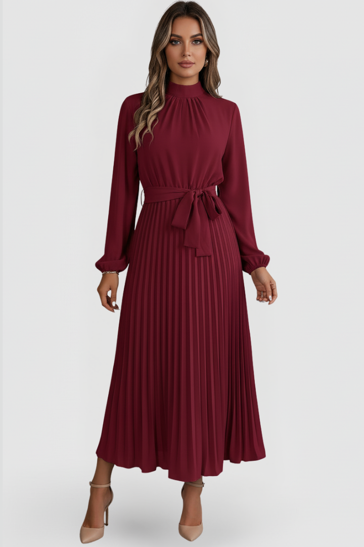 Chic women's dress: pleated design, long sleeves, and flattering waist tie. A modest yet elegant midi.