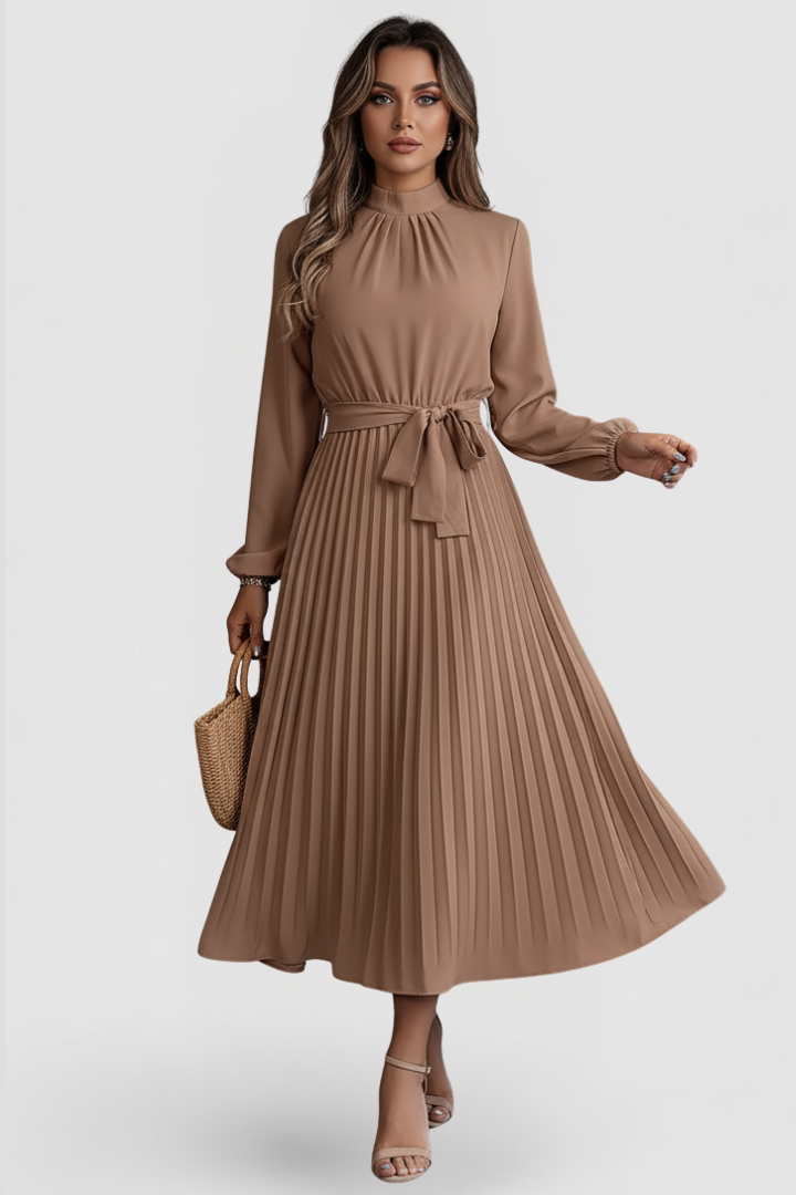Comfortable women's pleated midi dress with long sleeves & an adjustable waist tie for a flattering fit.