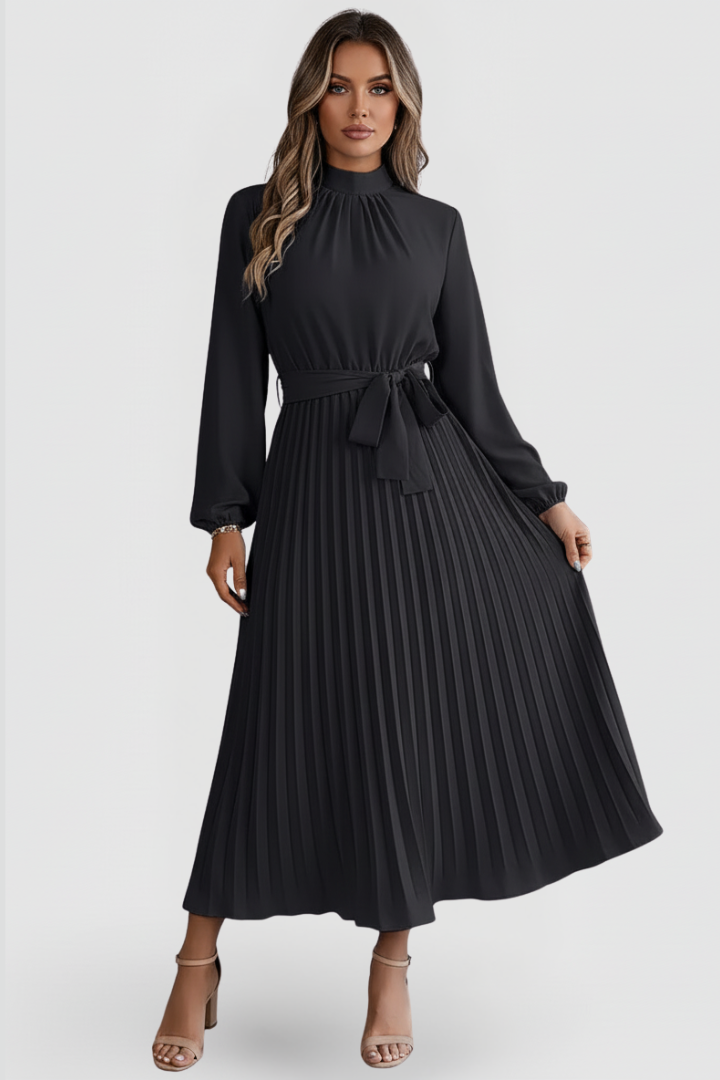 Fashionable women's pleated long sleeve dress. Midi length with a chic waist tie for an elegant look.
