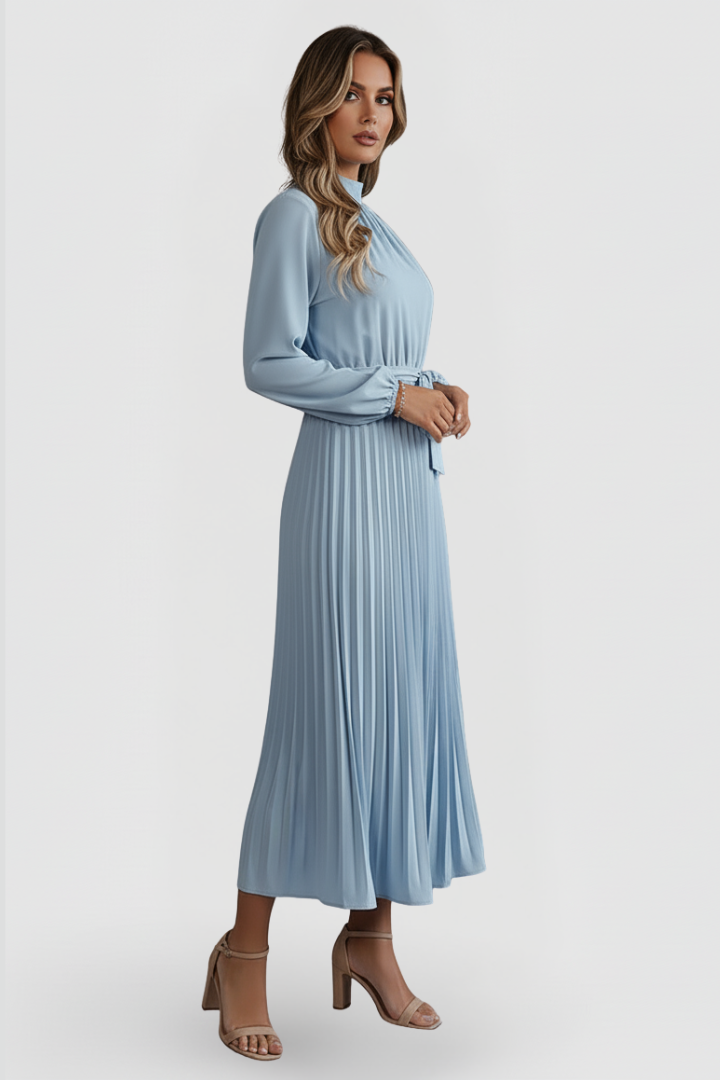 Simple yet elegant women's long sleeve pleated dress. Midi length & waist tie provide a graceful silhouette.