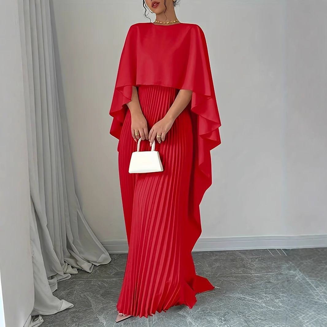 Flowy women's long pleated maxi dress with a sophisticated cape overlay, versatile for casual or formal events.