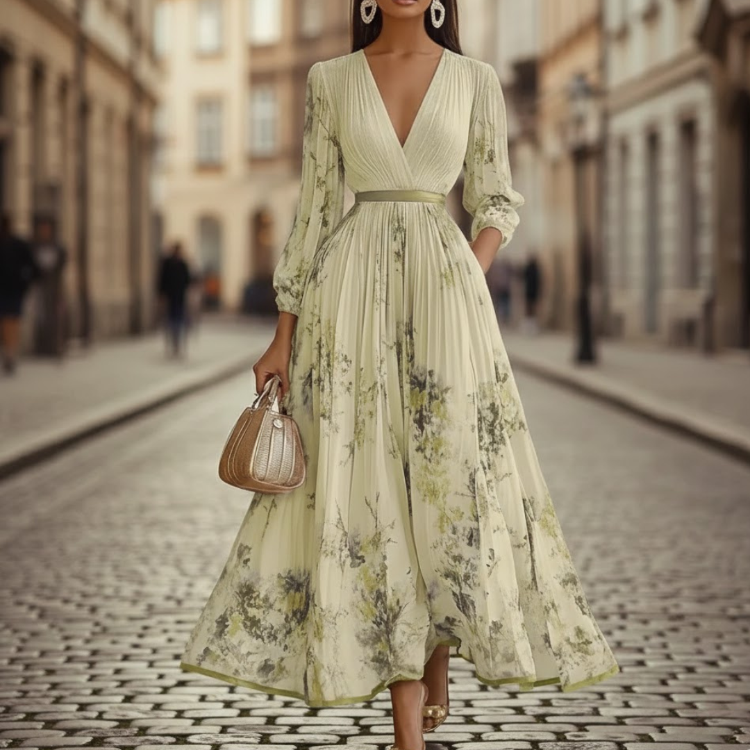 Elegant women's pleated maxi dress with vibrant floral print and flattering V-neck for versatile styling.