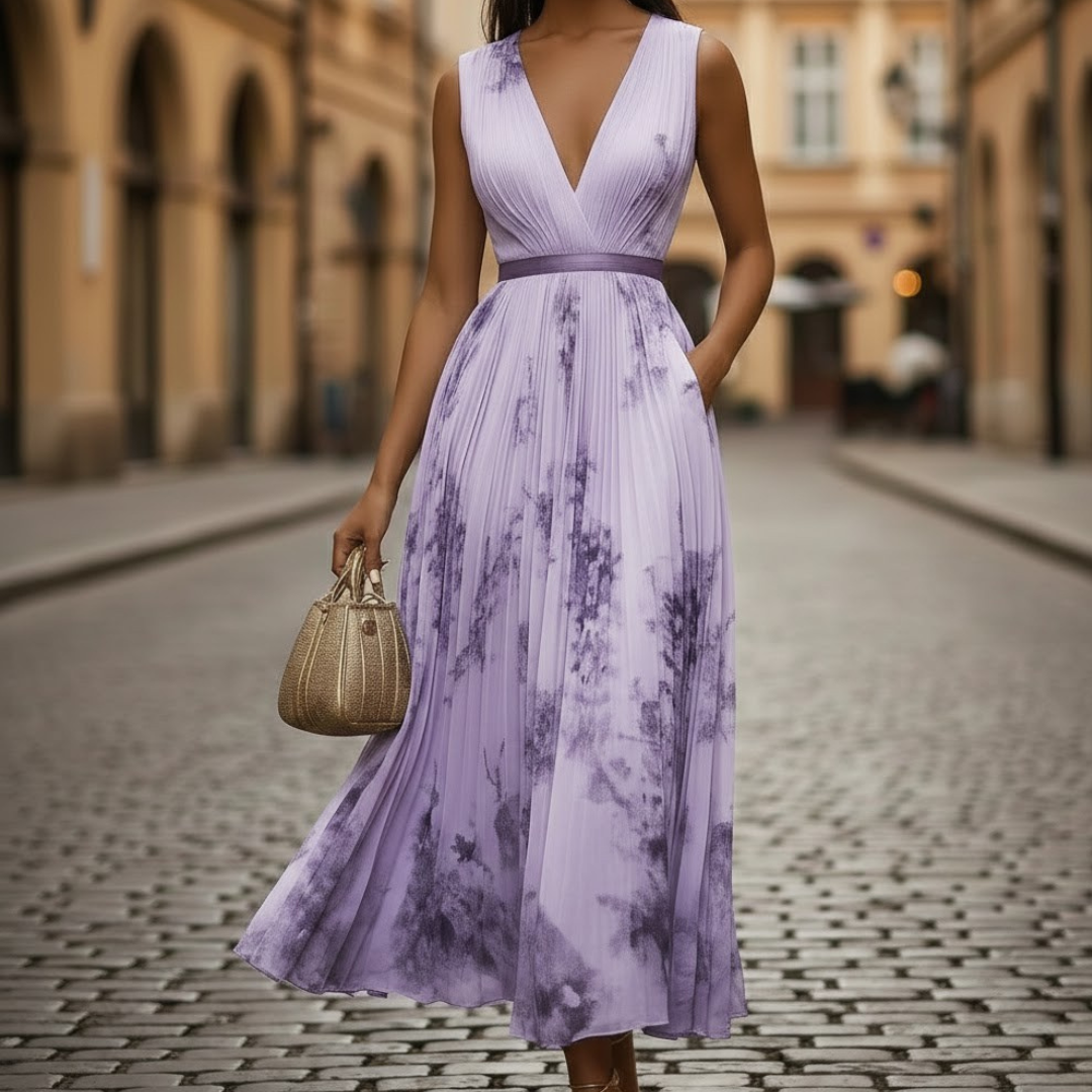 Flowy women's pleated maxi dress with beautiful floral pattern and V-neck, perfect for spring events.
