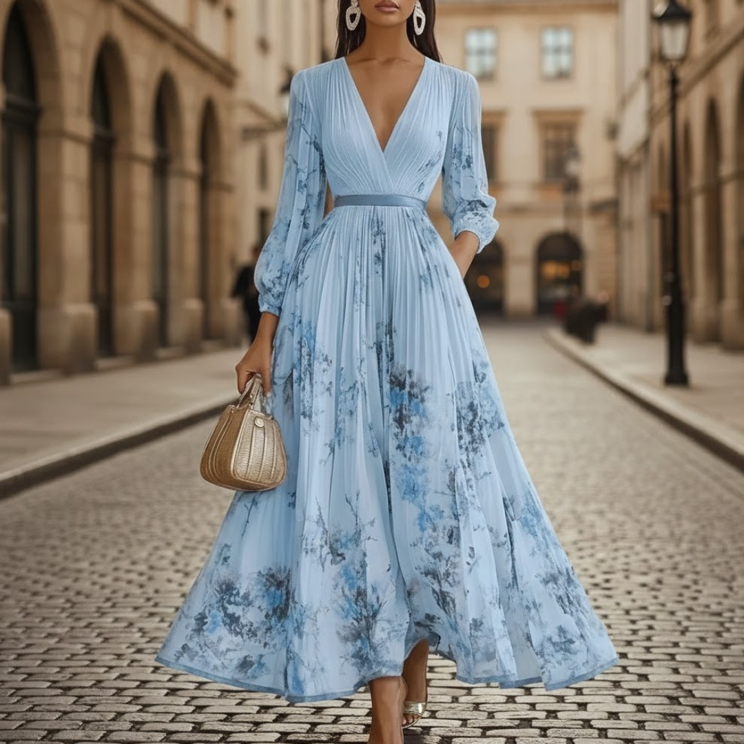 Stylish women's elegant floral print V-neck maxi dress, a versatile choice for both casual and formal wear.