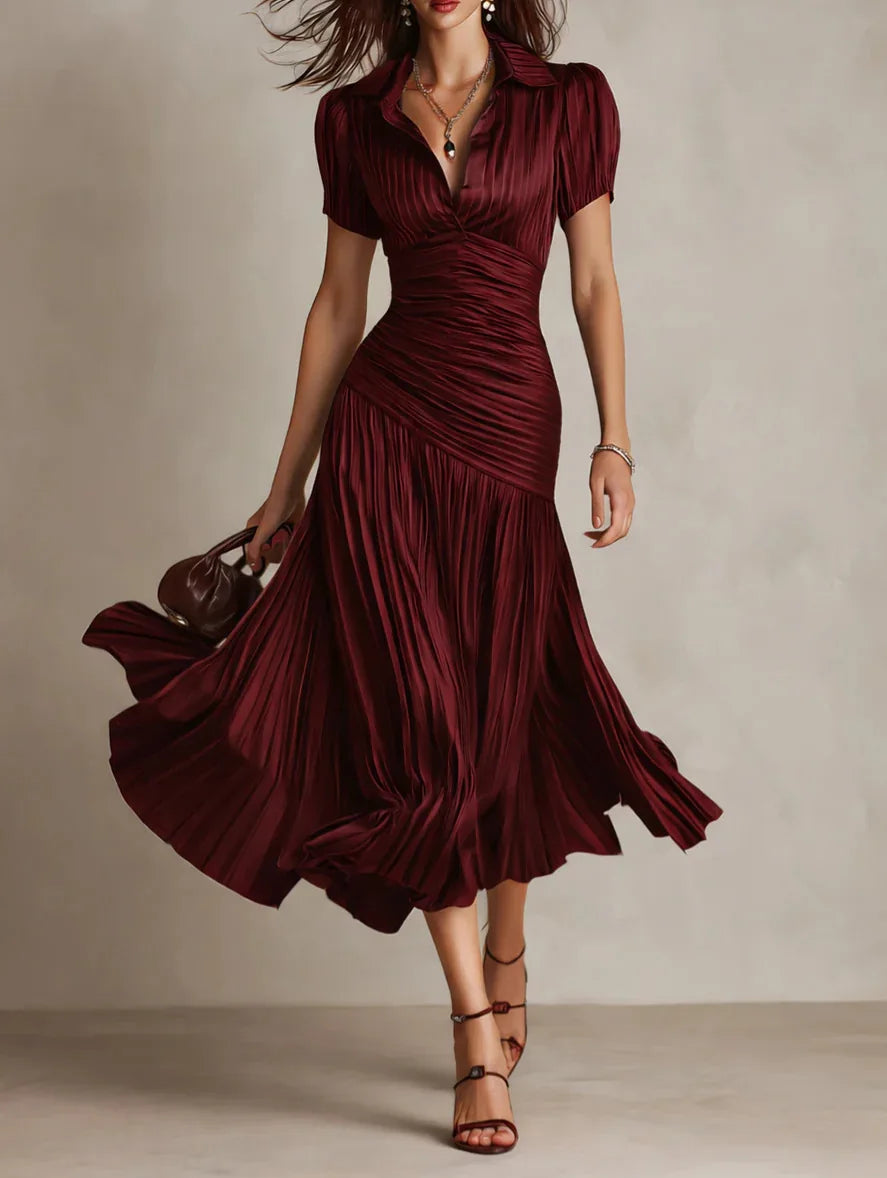 Beautiful brown women's pleated midi dress, A-line silhouette, perfect elegant fashion for events.