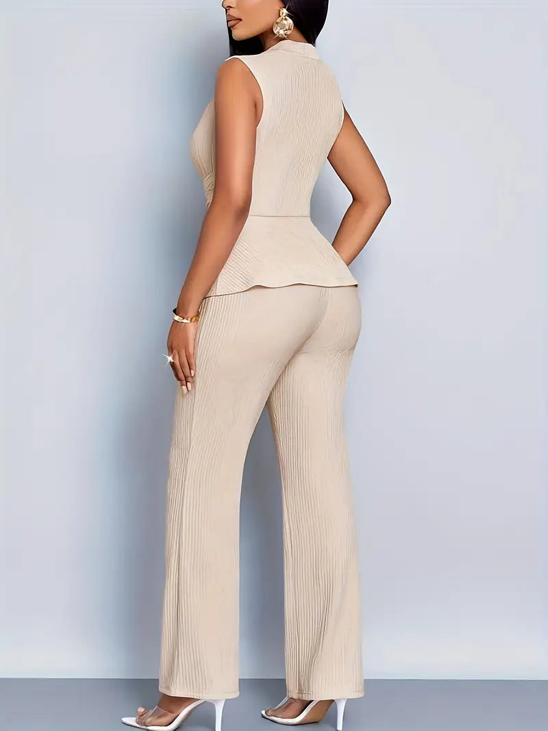 Casual yet elegant women's two-piece set with a pleated peplum top and complementary pants for versatile wear.