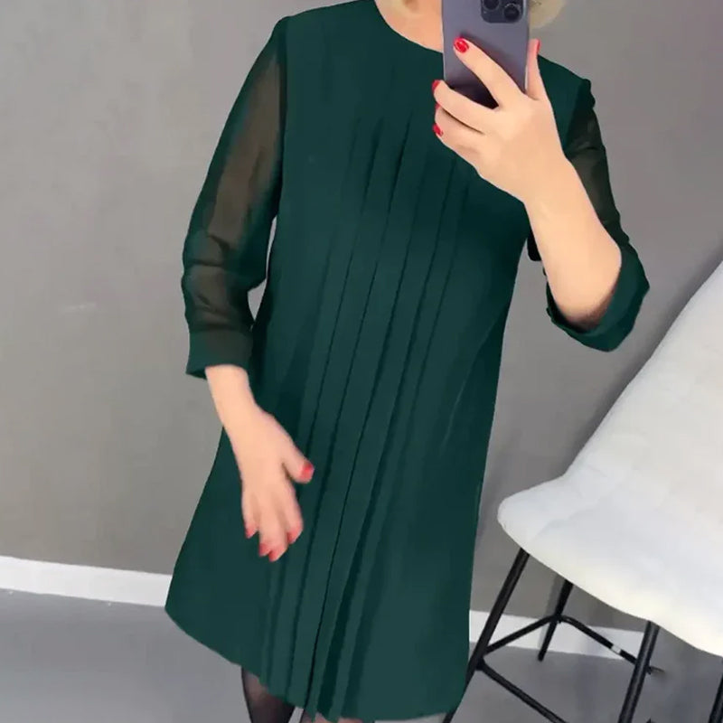 Women's elegant mid-sleeve pleated round neck midi dress, a must-have for any wardrobe