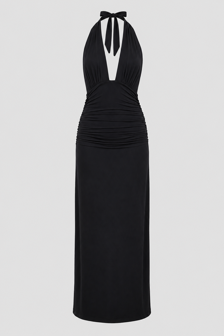 Elegant women's plunge halter maxi dress, perfect for evening events & formal occasions.