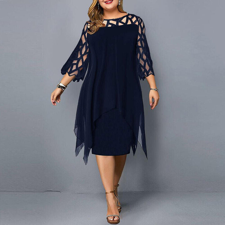 Elegant women's plus-size midi dress featuring delicate lace sleeves, perfect for evening wear or special occasions.
