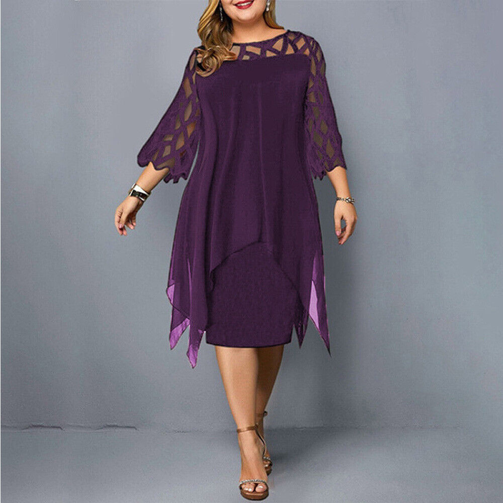 Comfortable plus-size midi dress for curvy women, with stylish lace sleeves, ideal for fall parties & evening events.