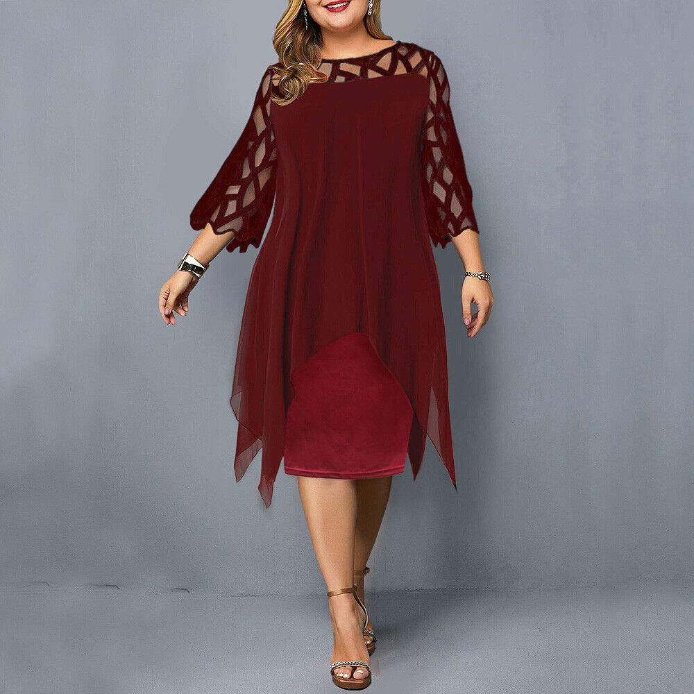 Chic plus-size women's midi dress with elegant lace sleeves, a versatile choice for parties, evening, or any occasion.