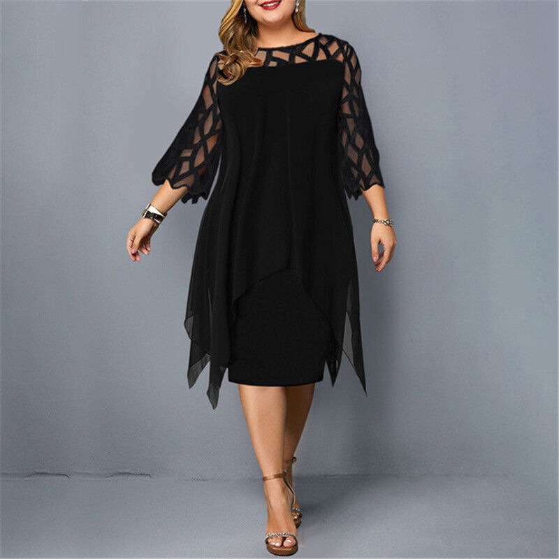 Stylish plus-size women's midi dress showcasing beautiful lace sleeves & a comfortable, flattering fit for all-year wear.