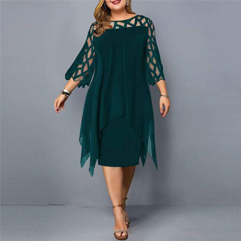 Glamorous plus-size midi dress for women, with exquisite lace sleeves, offering an elegant & sophisticated evening look.