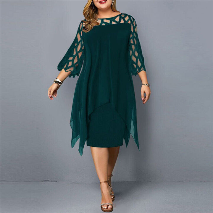 Glamorous plus-size midi dress for women, with exquisite lace sleeves, offering an elegant & sophisticated evening look.