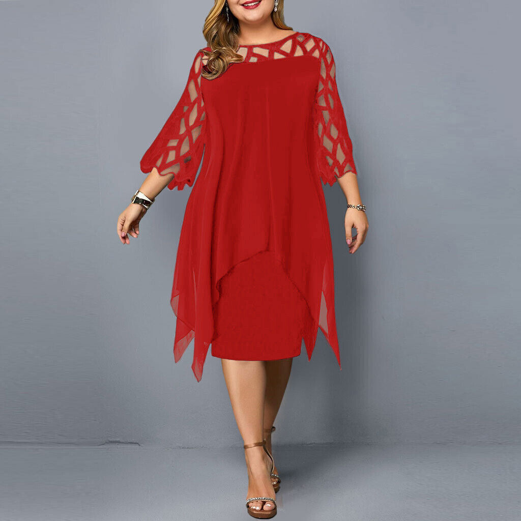 Beautiful plus-size midi dress with intricate lace sleeves, perfect for women's autumn events, parties, or evening wear.