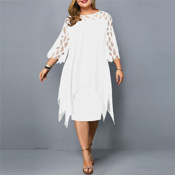 Flattering plus-size midi dress designed for women, featuring elegant lace sleeves for a sophisticated and stylish look.