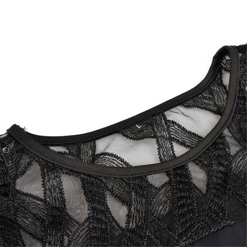 Modern plus-size women's midi dress with delicate lace sleeves, providing a feminine and elegant style for any occasion.