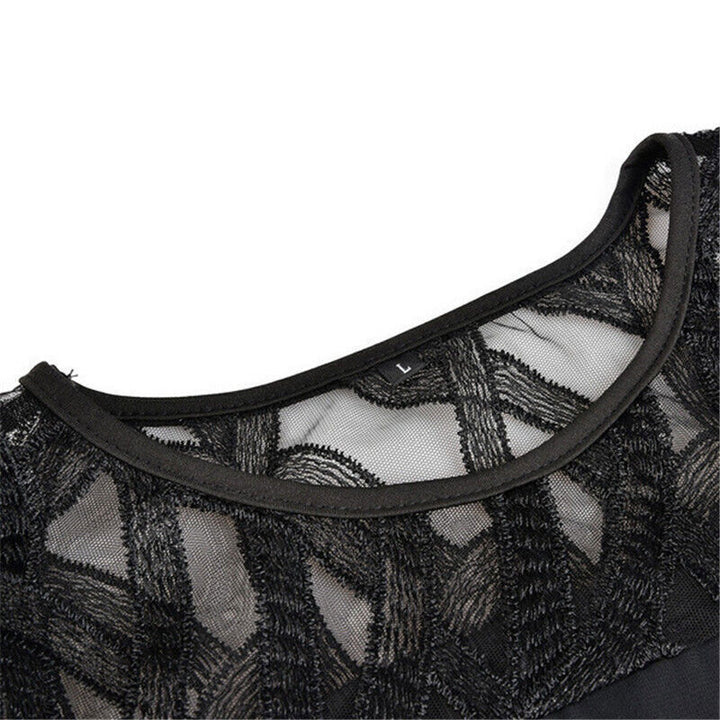 Modern plus-size women's midi dress with delicate lace sleeves, providing a feminine and elegant style for any occasion.