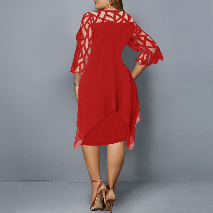 Comfortable yet stylish plus-size midi dress with elegant lace sleeves, a perfect year-round fashion piece for women.