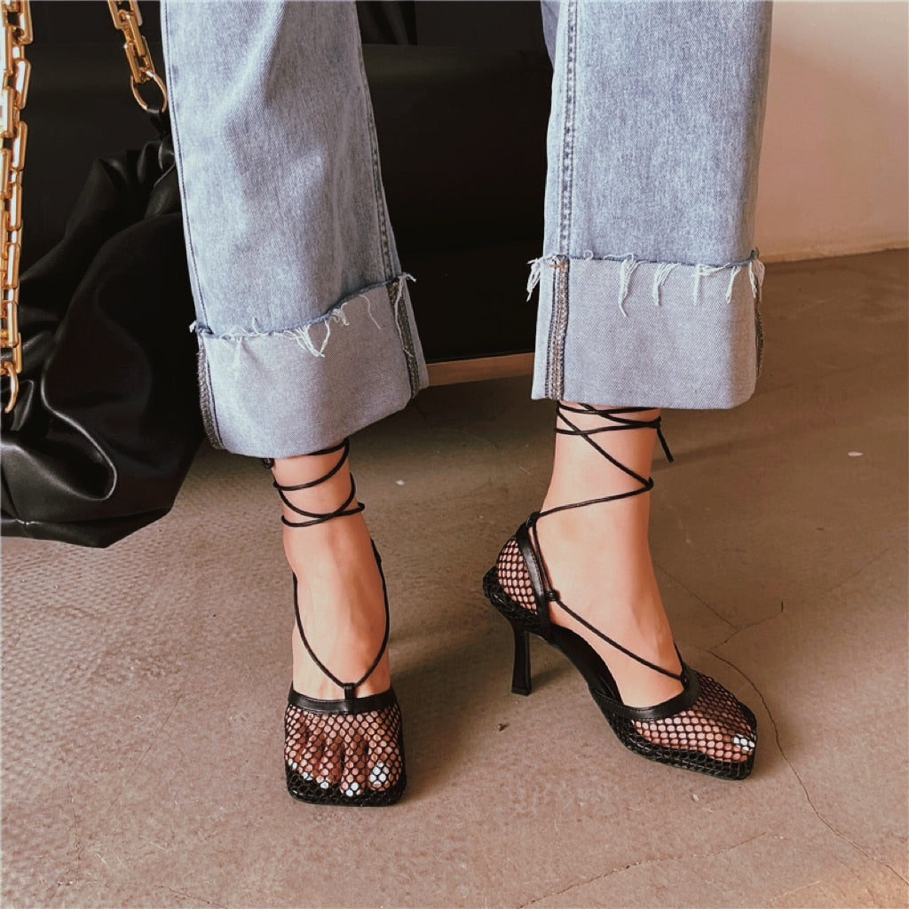 Fashionable women's lace pumps, pointed toe, block heel. Elegant & stylish evening or party shoes.