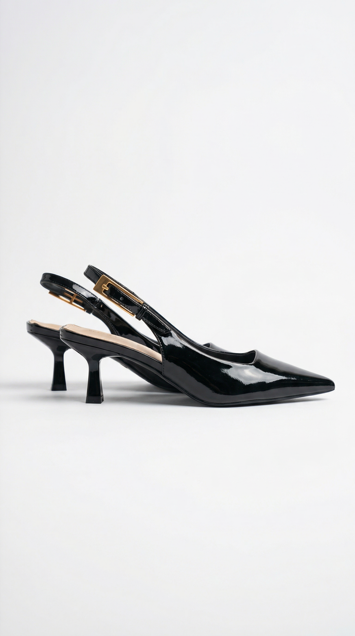 Chic black pointed toe kitten heel slingback pumps for women, versatile formal & evening fashion heels.